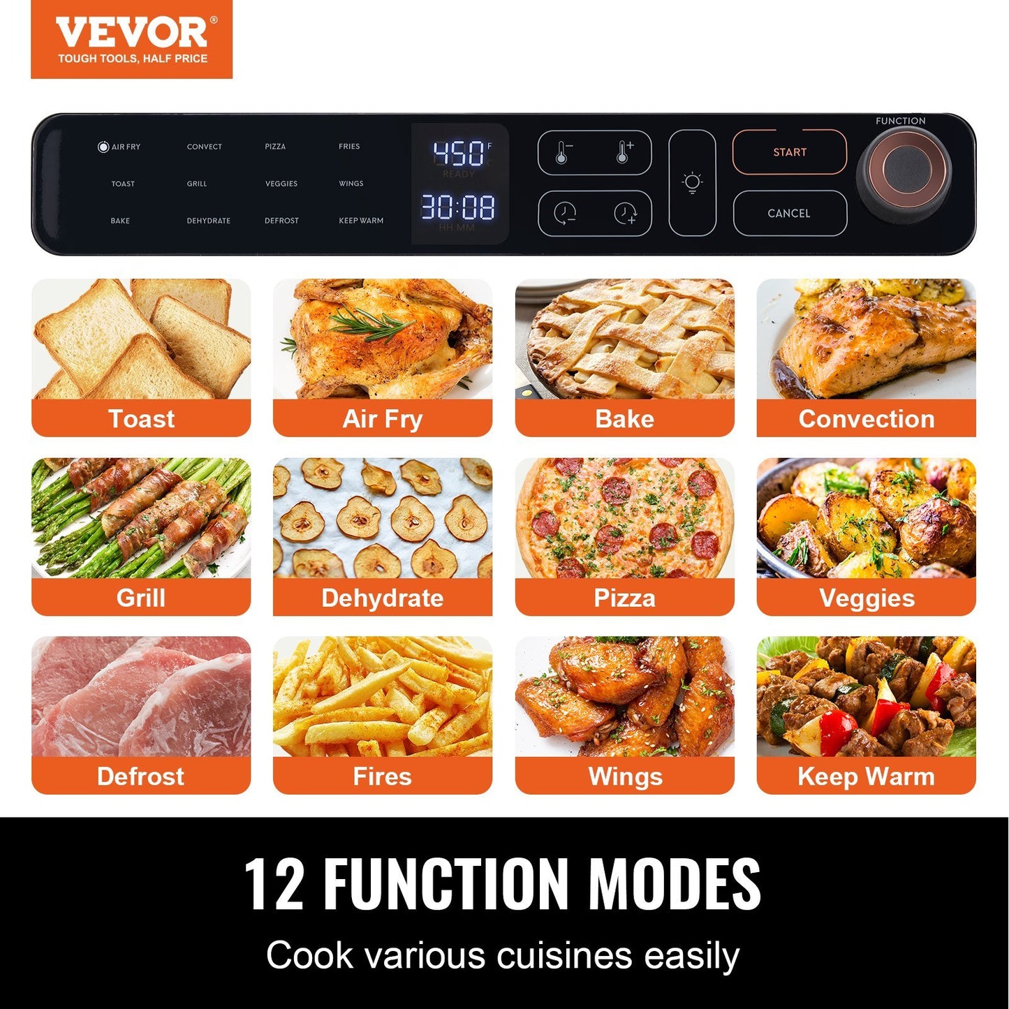 12-IN-1 Air Fryer Toaster Oven, 25L Convection Oven, 1700W Stainless Steel Toaster Ovens Countertop Combo with Grill, Pizza Pan, Gloves, 12 Slices Toast, 12-inch Pizza, Home and Commercial Use