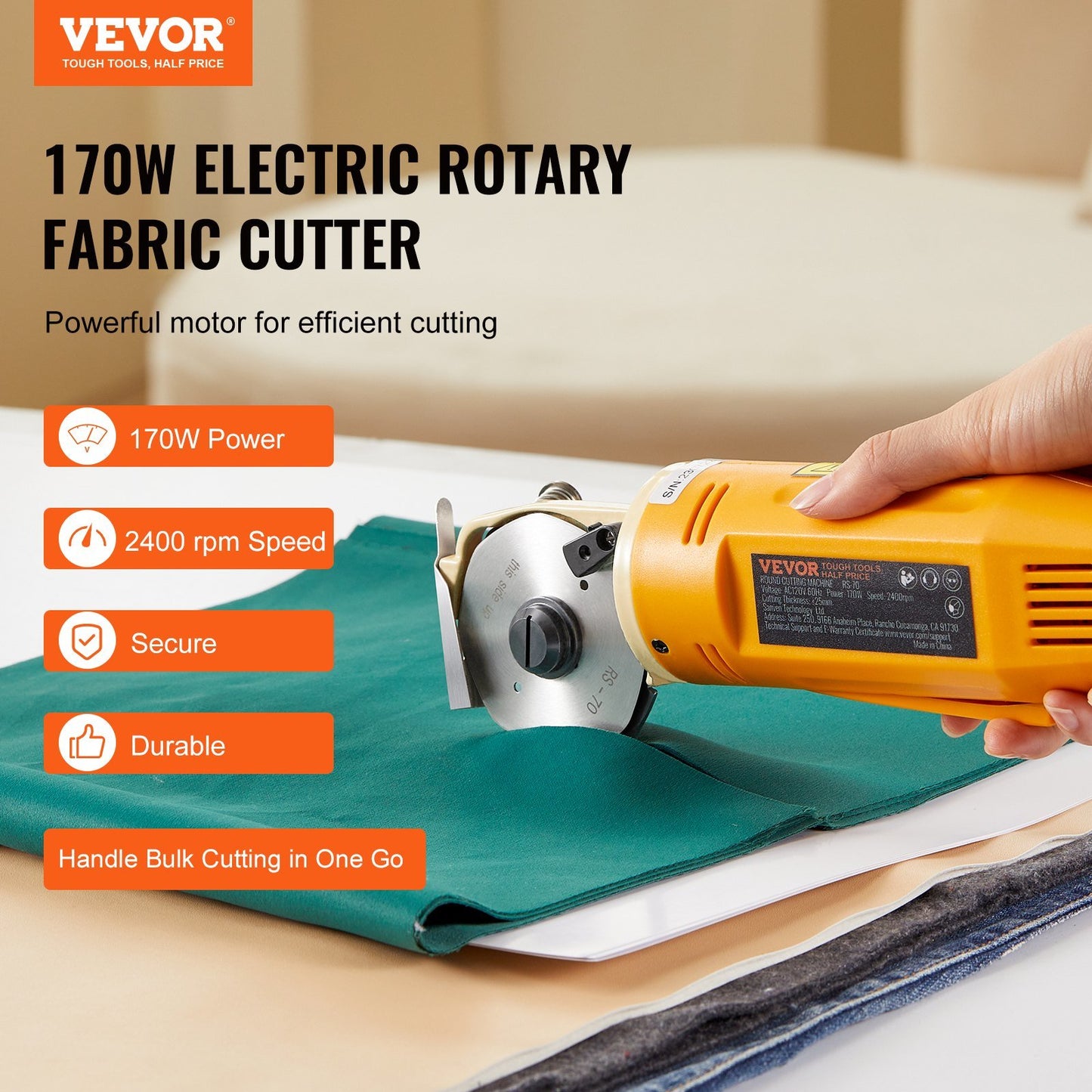 Fabric Cutter, 170W Electric Rotary Fabric Cutting Machine, 1" Cutting Thickness, Octagonal Knife, with Replacement Blade and Sharpening Stones, for Multi-Layer Cloth Fabric Leather