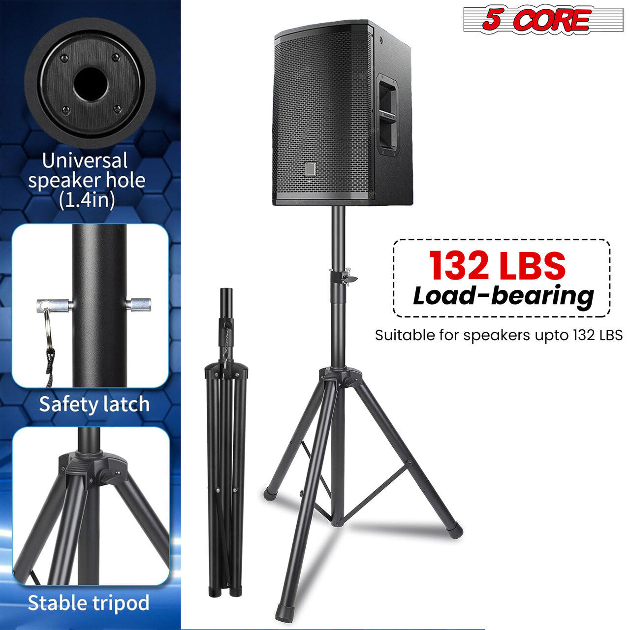 5 Core Speaker Stand Tripod Floor Heavy Duty Adjustable Up to 72 Inch DJ Studio Monitor Stands Pole Mount- SS HD 1PK BLK WOB