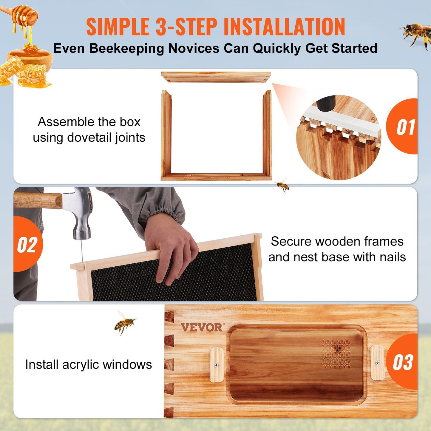 Bee Hive Deep Box Starter Kit, 100% Beeswax Coated Natural Cedar Wood, Langstroth Beehive Kit with 10 Frames and Foundations, Transparent Acrylic Bee Windows for Beginners and Pro Beekeepers