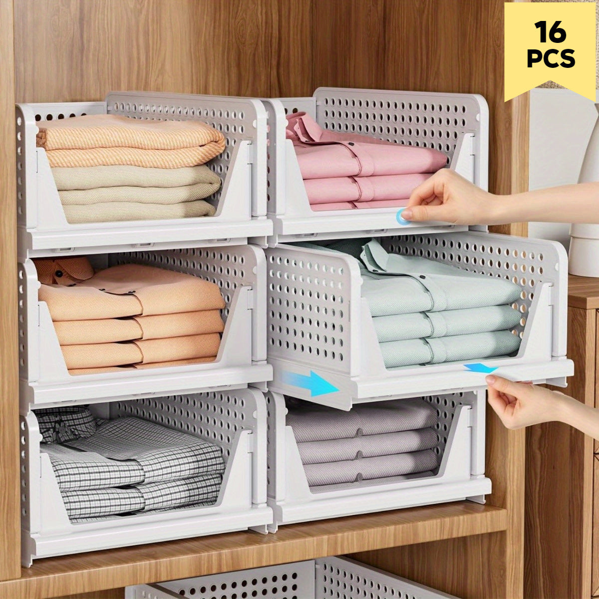 4/8/12/16 Pack Stackable Closet Storage Basket, Multifunctional & Foldable Closet Organizer for Bathroom Kitchen Laundry Room Wardrobe Storage, Space-Saving Clothes Storage Drawer Organizer, White