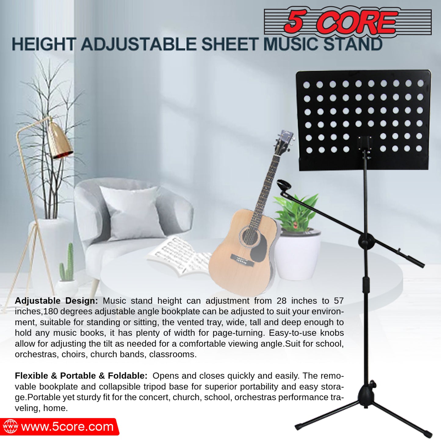 5 Core Music Stand 2-IN-1 Professional Portable Sheet Music Stand with Detachable Microphone Stand, 21.6'- 63' Adjustable Dual-Use Music Book Stand & Projector Stand, Super Sturdy Heavy Duty-MUS MH