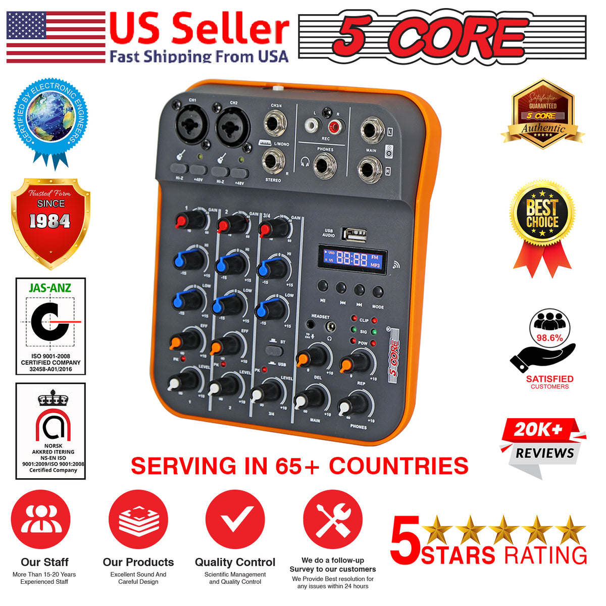 5 Core Audio Interface Mixer 4 Channel PC XLR Bluetooth USB DJ Music Podcast Karaoke Sound Board - MX 4CH