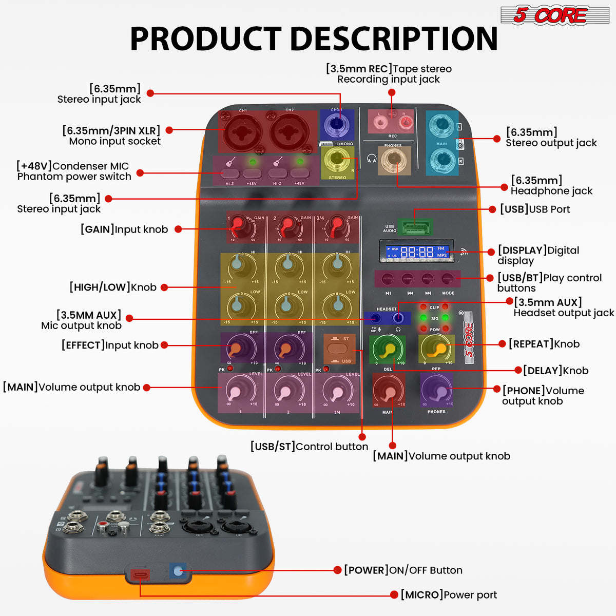 5 Core Audio Interface Mixer 4 Channel PC XLR Bluetooth USB DJ Music Podcast Karaoke Sound Board - MX 4CH