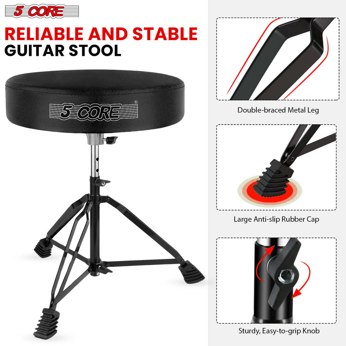 5 Core Drum Throne Padded Guitar Stool Height Adjustable Drummer Seat Music Chair for Adults And Kids - BLACK