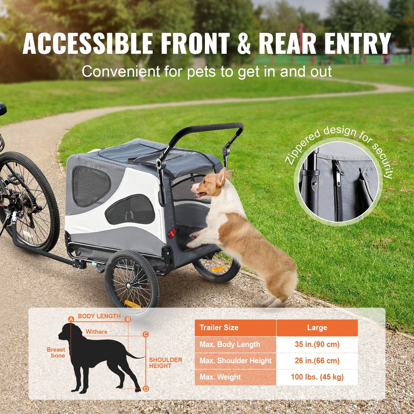 Dog Bike Trailer, Supports up to 100 lbs, 2-in-1 Pet Stroller Cart Bicycle Carrier, Easy Folding Cart Frame with Quick Release Wheels, Universal Bicycle Coupler, Reflectors, Flag, Black/Gray