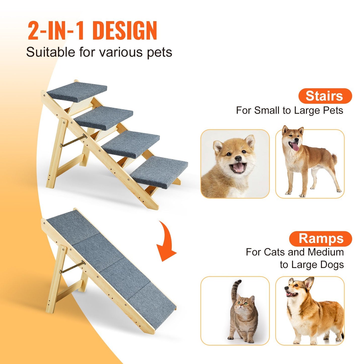 Wood Pet Stairs/Pet Steps, 2-in-1 Foldable Wooden Dog Stair for Beds, Sofa and Cars, Dog Stairs & Ramp with 4 Steps for Small Medium Large Pet, up to 150 lbs