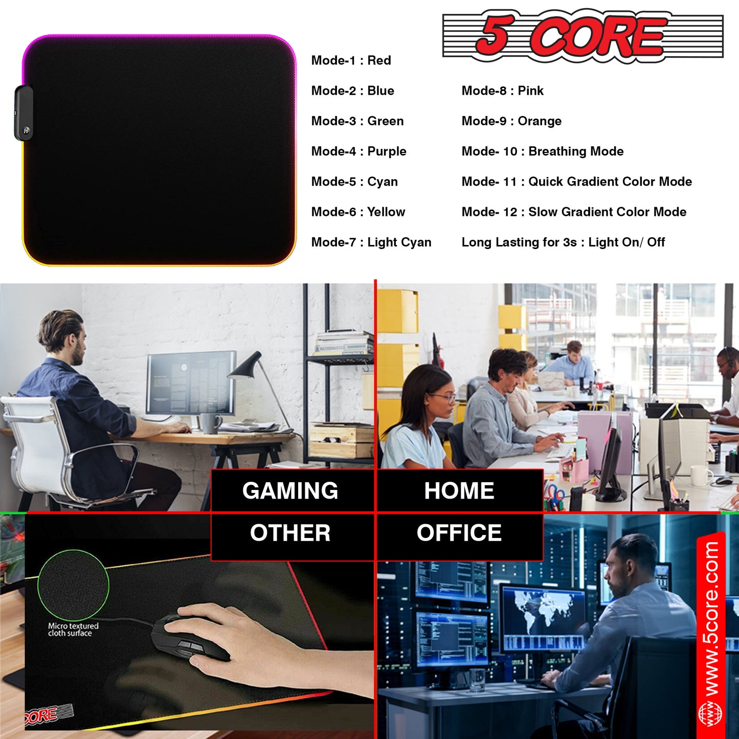 5 CORE Large RGB Gaming Mouse Pad Extended Soft Gaming LED Mouse Pad 31.5x11.8 5 Inch with 12 Lighting Modes Stitched Edges and Non-Slip Rubber Base Oversized Glowing KBP 800 RGB