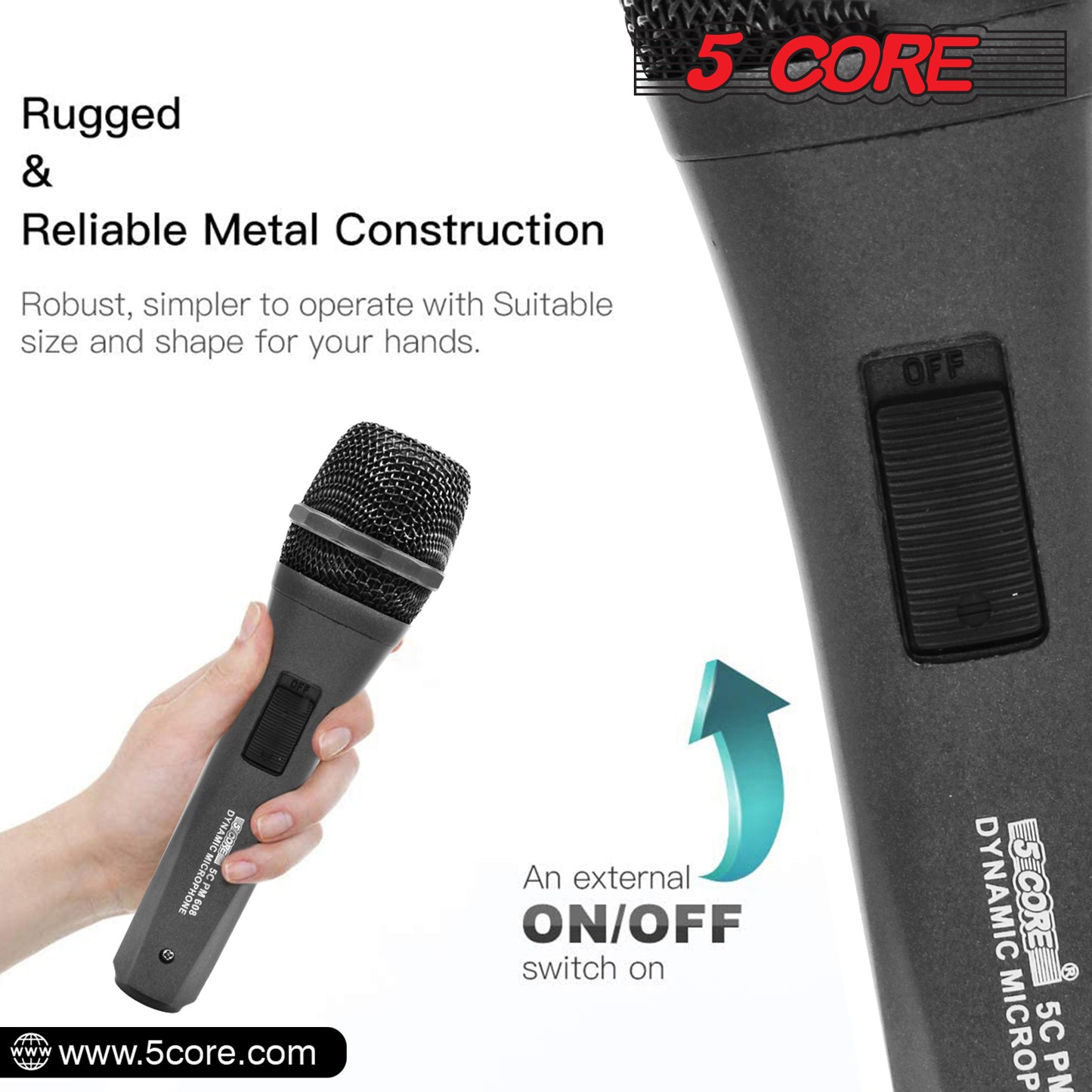 5 Core Microphone XLR Dynamic Mic Karaoke Singing Handheld Microfono Wired Professional Unidirectional 1/4 Plug In Cord Connection for Vocal DJ Music - PM 608