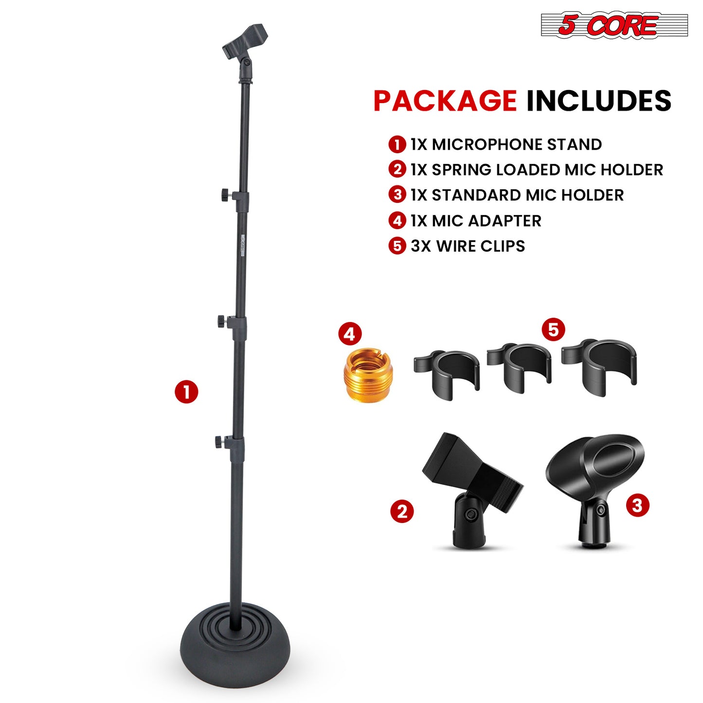 5Core Mic Stand Floor Adjustable Universal Heavy Duty Microphone Stands Round Base Soporte De micrófono - MS RBP 3T