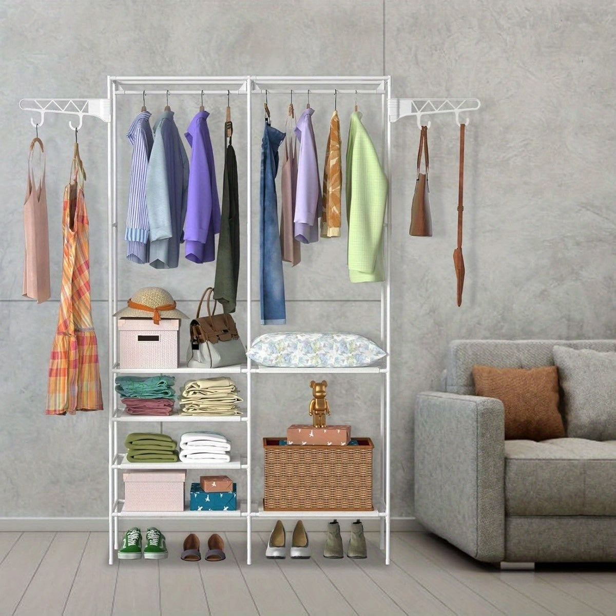 Clothing Racks for Hanging Clothes with Shelves, Portable Closet System Organizer Garment Rack for Clothes Storage, Meta