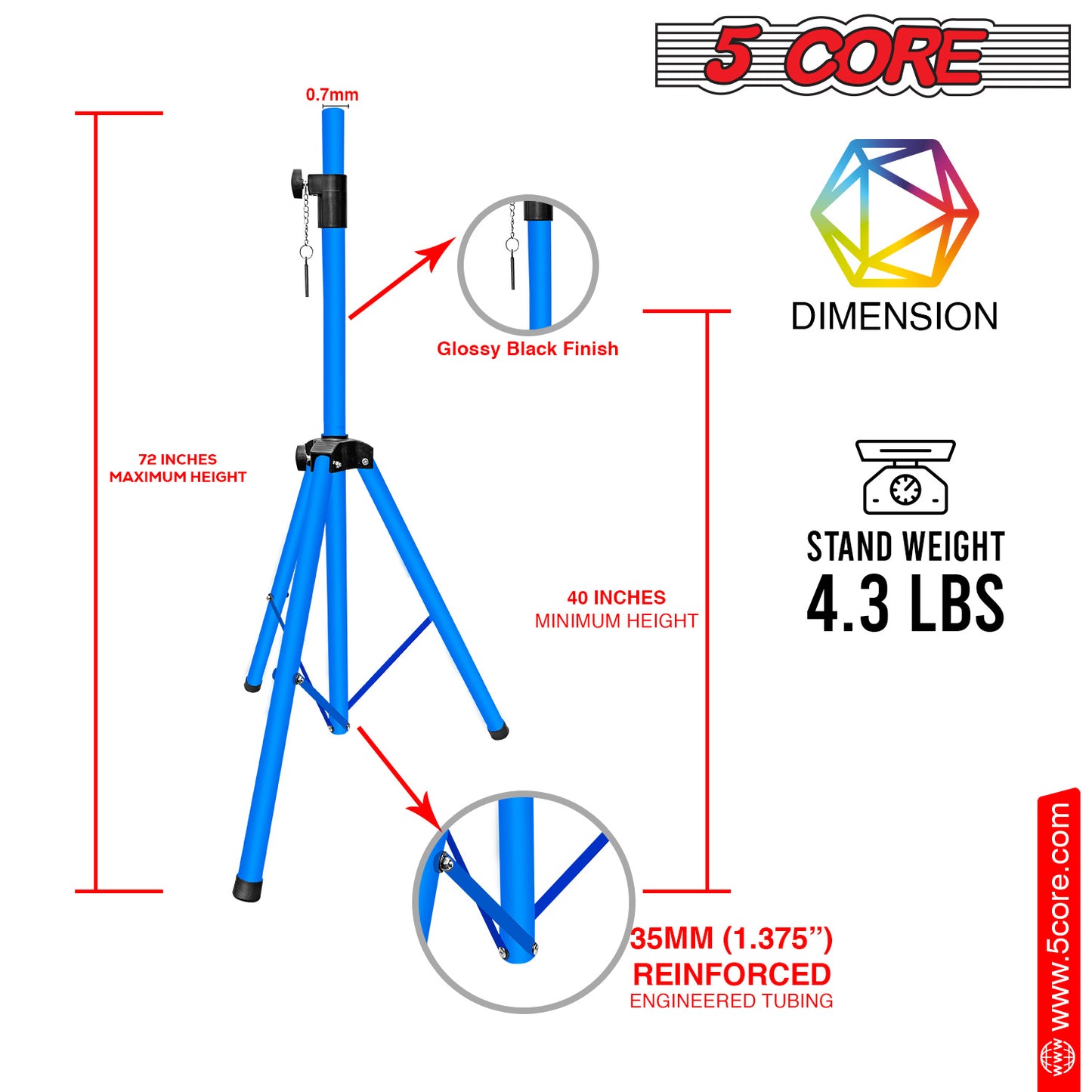 5 Core Speaker Stand Tripod Floor Heavy Duty Adjustable Up to 72 Inch DJ Studio Monitor Stands Pole Mount- SS HD SKY BLU BAG