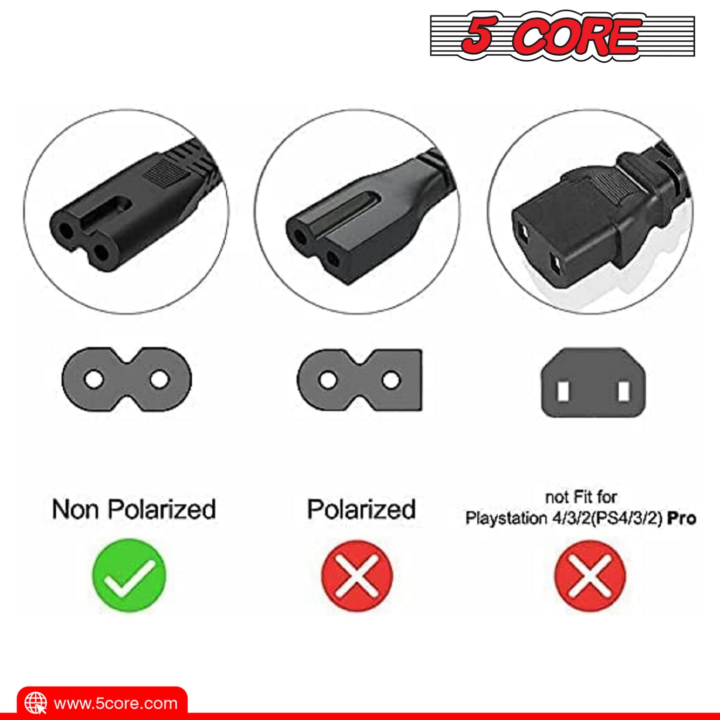 5 Core AC Power Cord 6 Ft • 2 Prong US Male to Female Extension Adapter • 16AWG/2C 125V 13A 1/2/5 Pc -  PP 1001