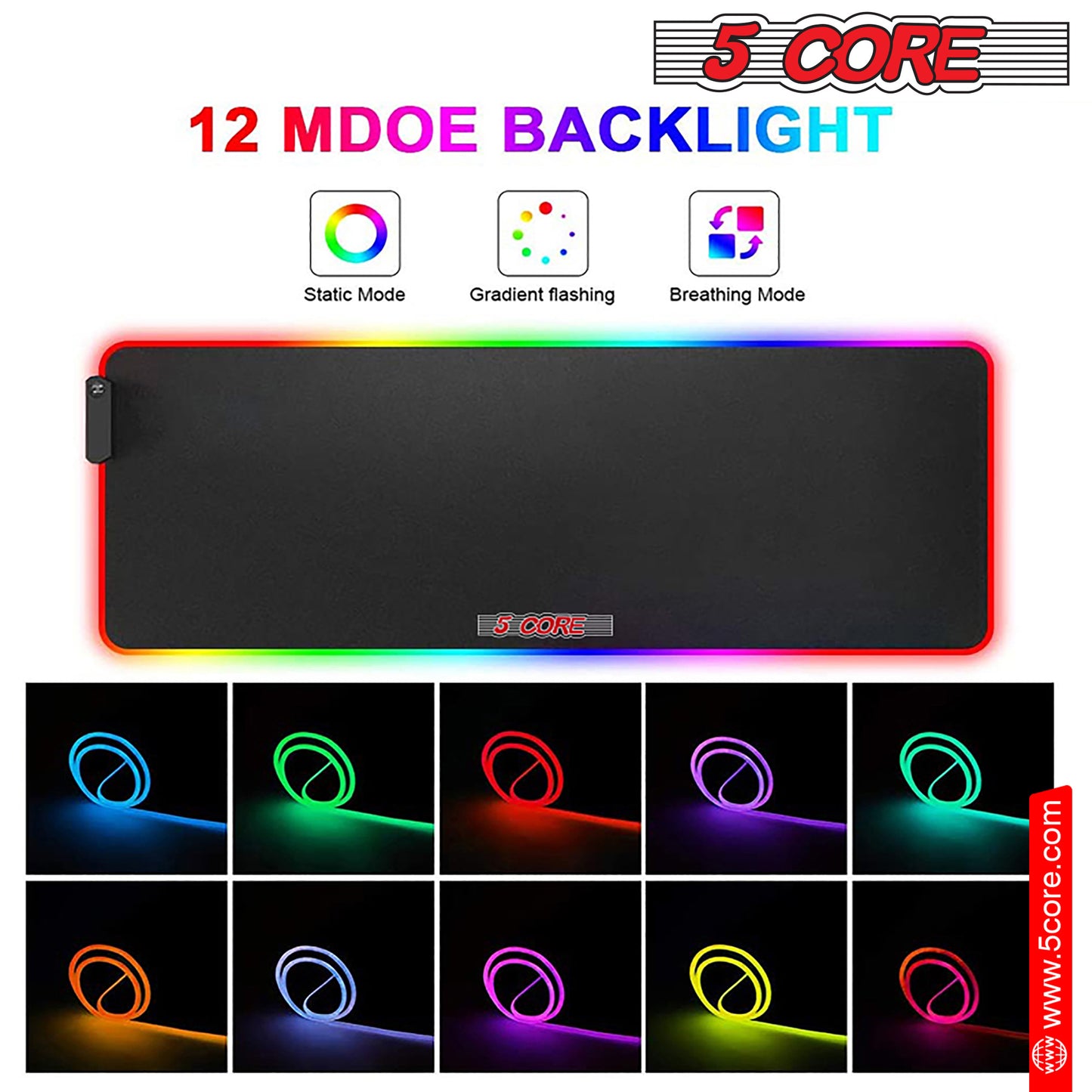 5 CORE Large RGB Gaming Mouse Pad Extended Soft Gaming LED Mouse Pad 31.5x11.8 5 Inch with 12 Lighting Modes Stitched Edges and Non-Slip Rubber Base Oversized Glowing KBP 800 RGB