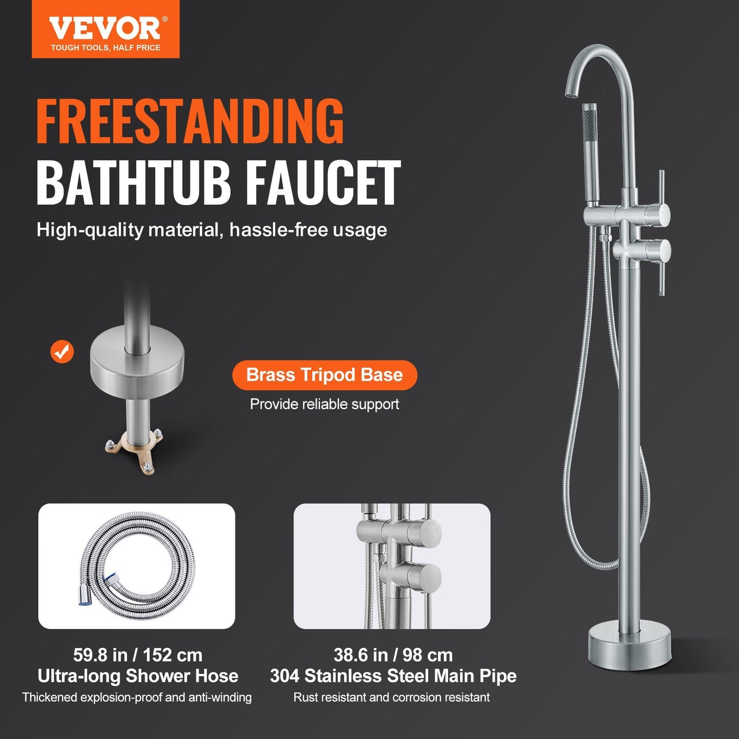 Freestanding Bathtub Faucet, Floor Mount, Freestanding Tub Filler, Shower Mixer Taps, Two Water Modes, 360° Swivel Spout, for Bathing & Showering Pet Bathing Cleaning Drains Toilet Flushing