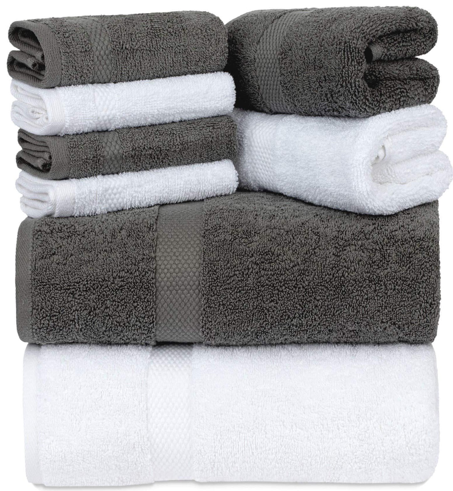 Luxury Grey White Bath Towel Set of 8 Pcs Combed Cotton Hotel Quality Absorbent | 2 Bath Towels | 2 Hand Towels | 4 Washcloths Grey White