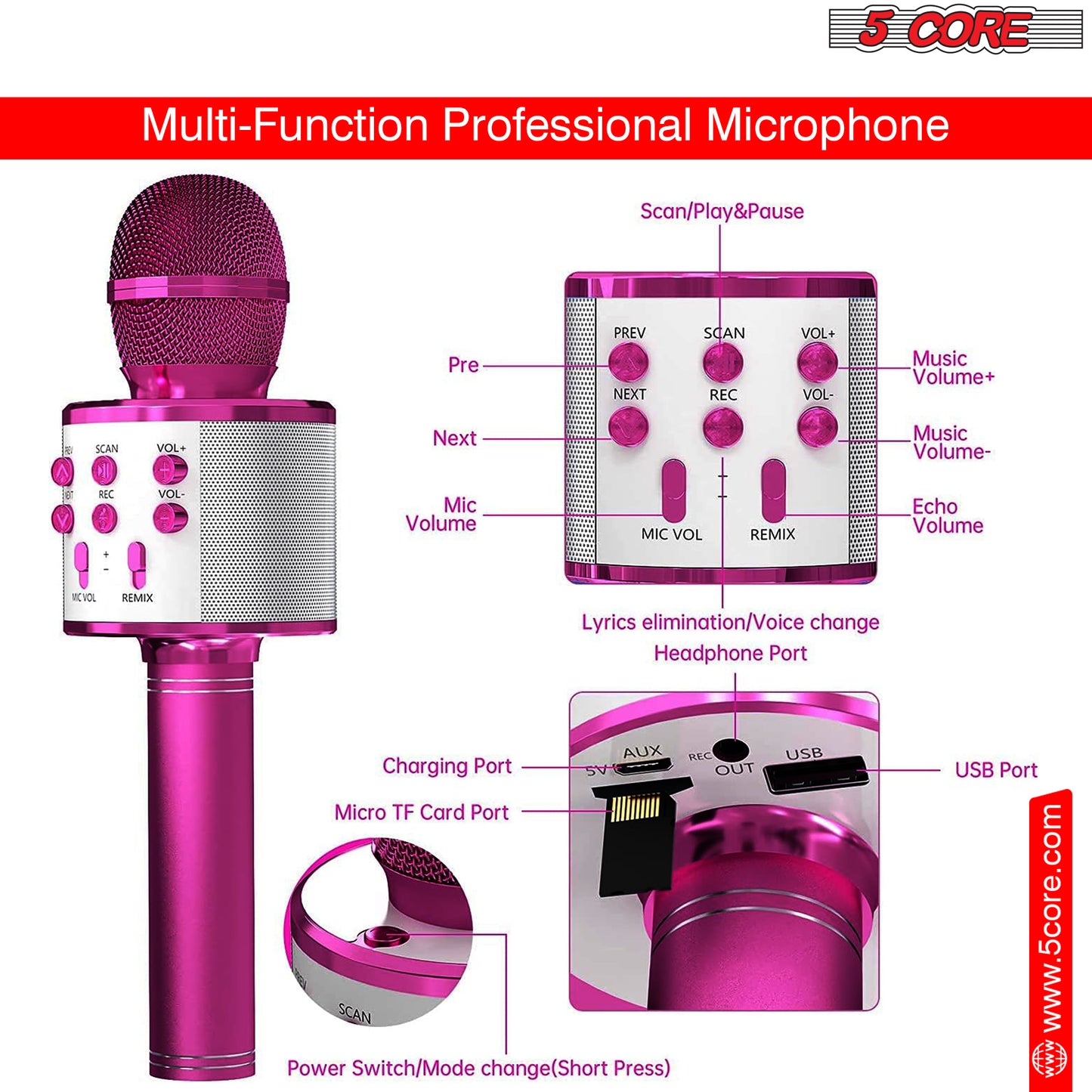 5 Core Karaoke Microphone Bluetooth Mic Portable Handheld Wireless Singing Machine Cordless Microfonos Inalambricos Professional for Adults Kids Toddler - WM SPK PINK