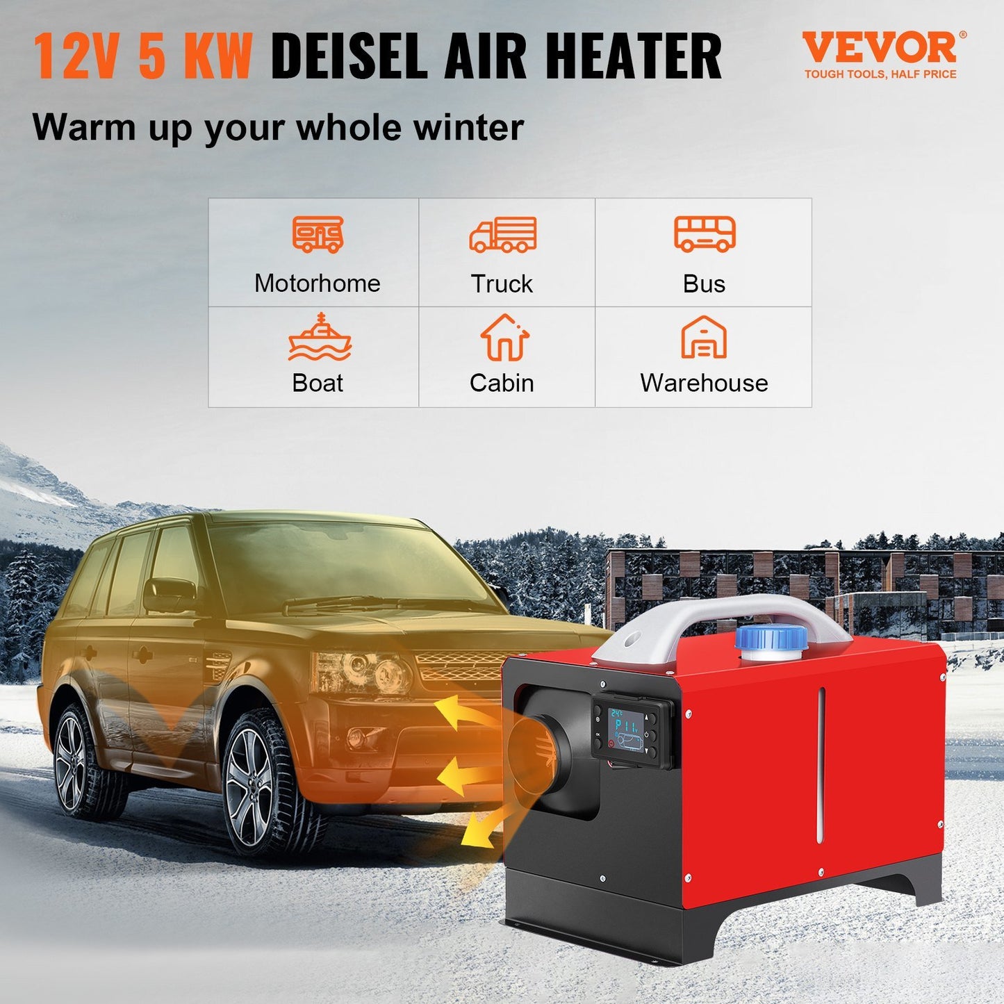 Diesel Air Heater, 5KW 12V Parking Heater, Mini Truck Heater, Single Outlet Hole, with Black LCD, Remote Control, Fast Heating Diesel Heater, For RV Truck, Boat, Bus, Car Trailer, Motorhomes