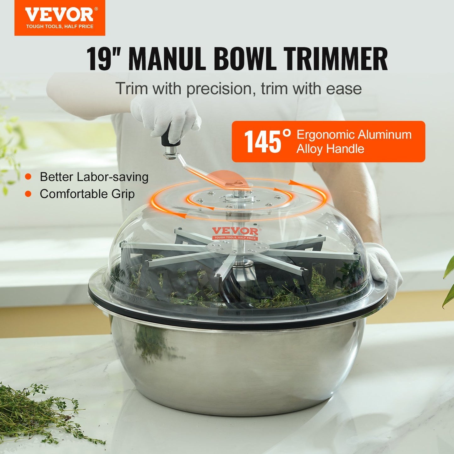 Leaf Bowl Trimmer, 19'' Trimmer Bowl, Manual Bud Trimmer with Stainless-Steel Blades for Twisted Spin Cut, Clear Visibility Dome, Foldable Herb Drying Rack and Hand Pruner Included