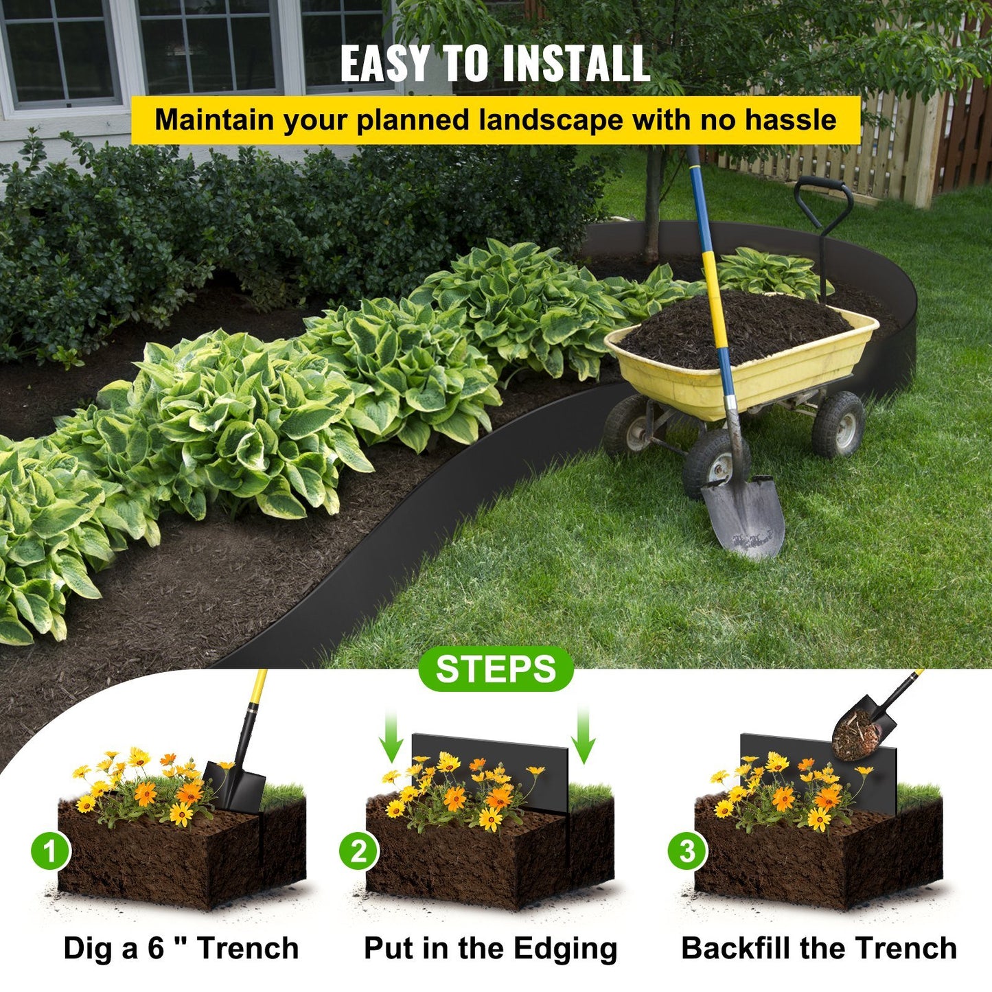 Landscape Edging, 10 inch Depth 40 ft Total Length, Recycled HDPE Coiled Terrace Board, Flexible Bender Border for Landscaping, Lawn, Garden, Yard, Against Invading Weeds, Black