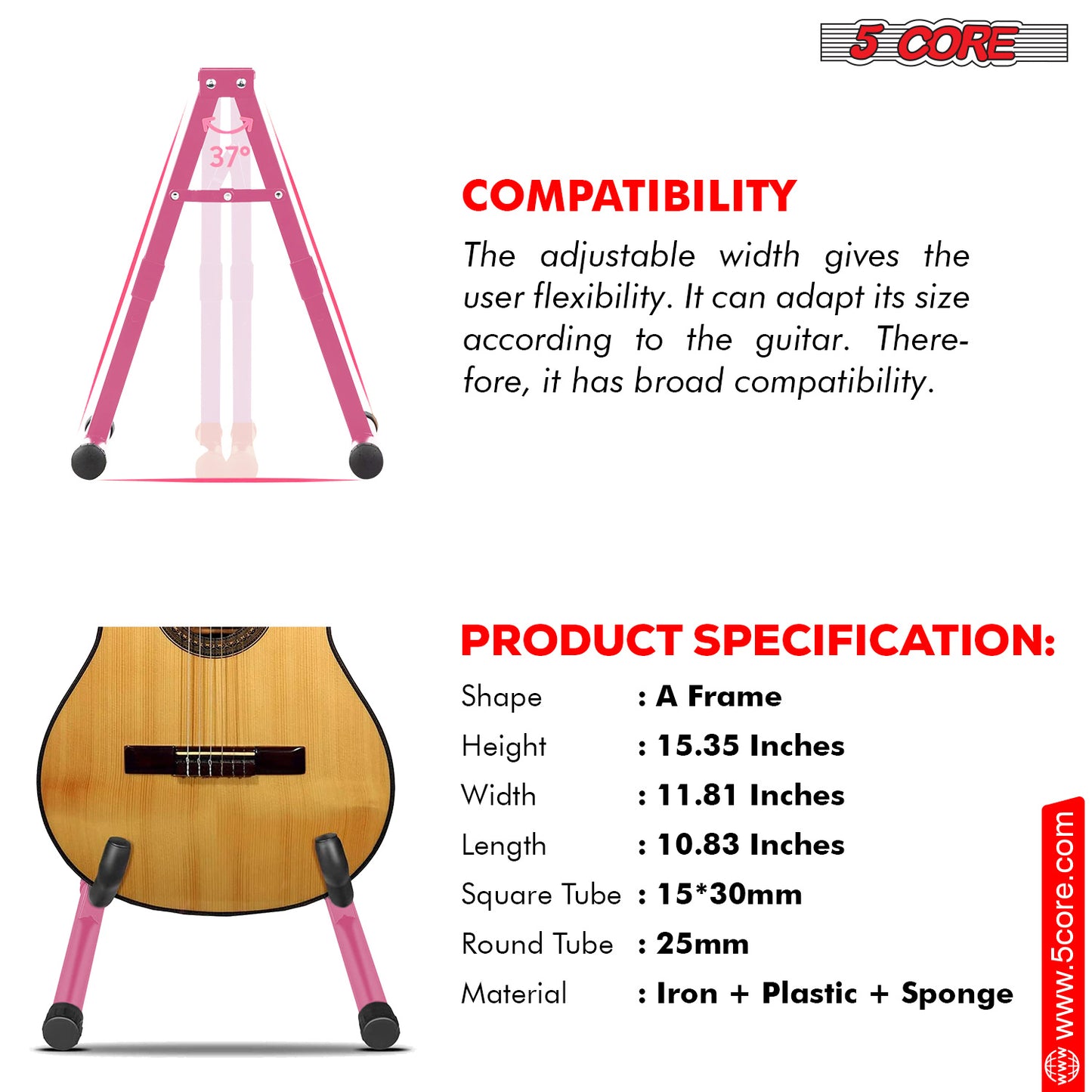 5 Core Guitar Stand Floor A Frame Adjustable Folding Holder With Rubber Feet Heavy Duty Electric Acoustic Bass Cello Stands Pair - GSS BPNK