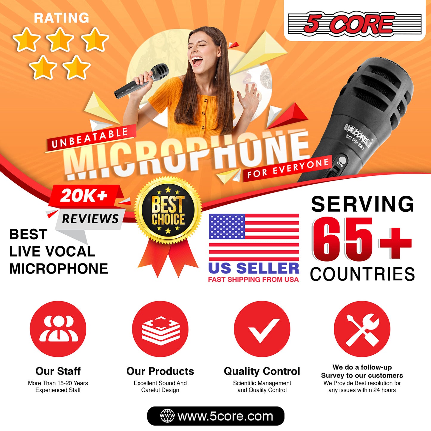 5 Core Microphone Pair XLR Dynamic Mic Karaoke Singing Handheld Microfono Wired Professional Unidirectional 1/4 Plug In Cord Connection for Vocal DJ Music - PM-883