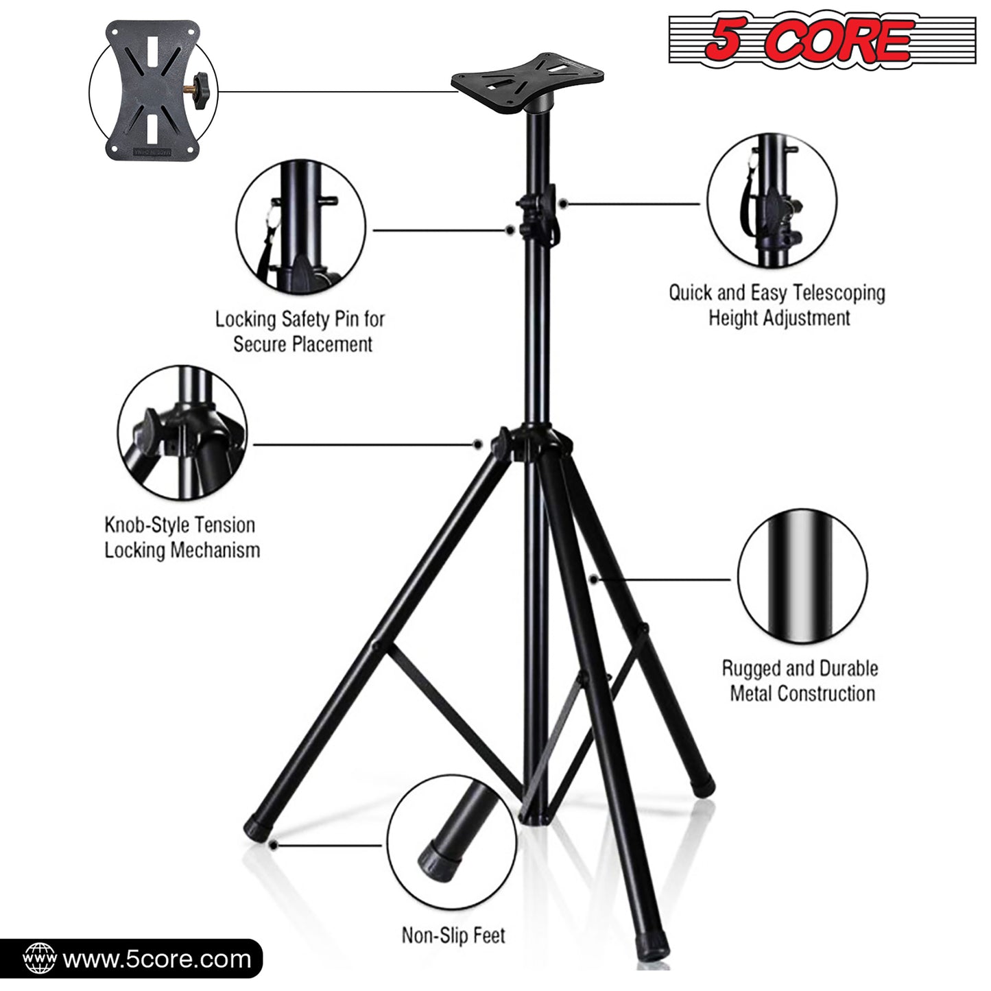 5 Core Speaker Stand Tripod Floor Tall Pair Adjustable Up to 72 Inch DJ Studio Monitor Stands Pole Mount  - SS ECO 2PK WoB