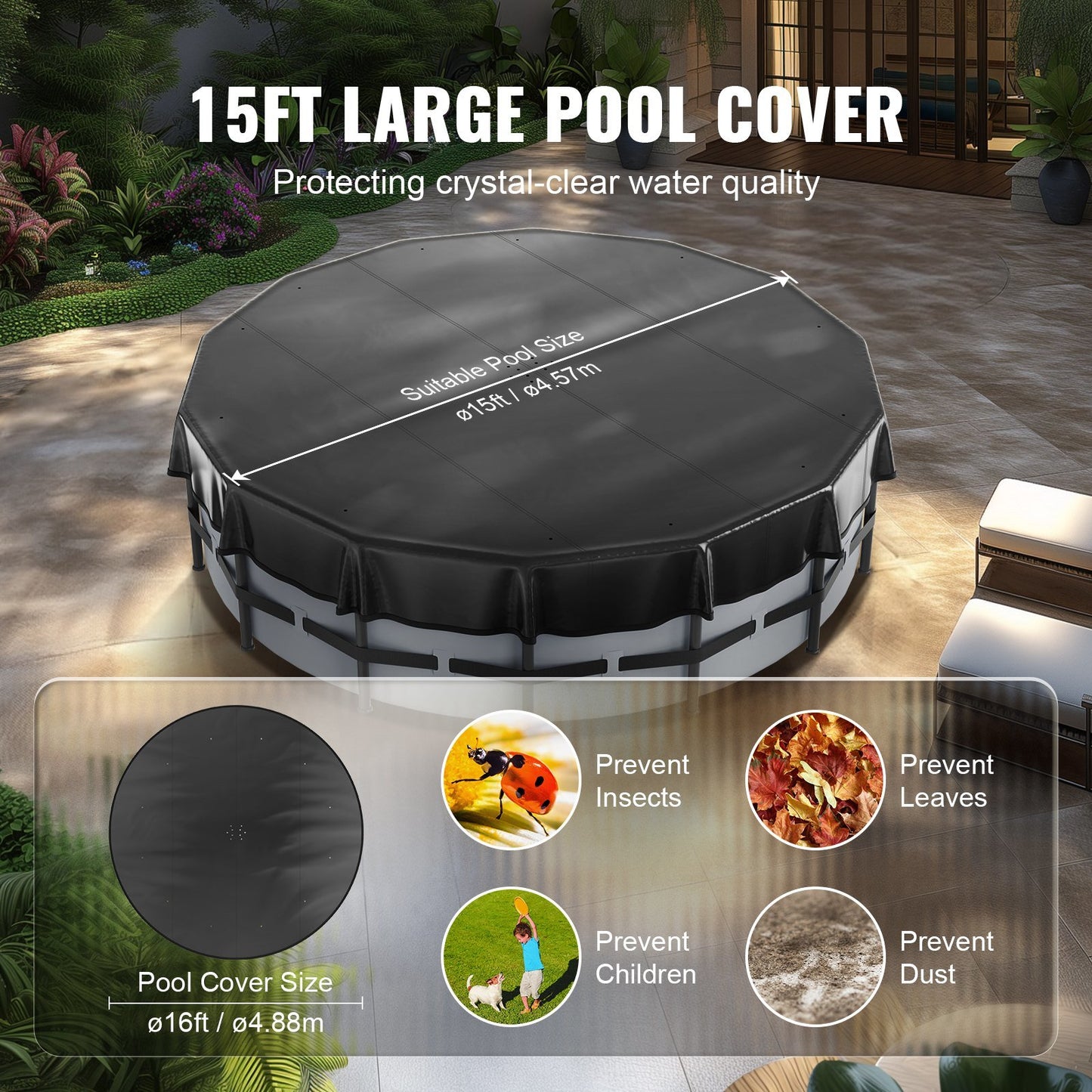 15 Ft Round Pool Cover, Solar Covers for Above Ground Pools, Safety Pool Cover with Drawstring Design, PVC Summer Pool Cover, Waterproof and Dustproof, Black