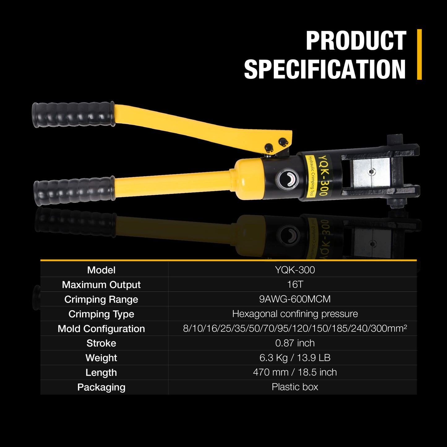 16T Hydraulic Crimping Tool 9 AWG to 600 MCM Battery Cable Crimping Tool 0.87 inch Stroke Hydraulic Lug Crimper Electrical Terminal Crimper with 13 Pairs of Dies