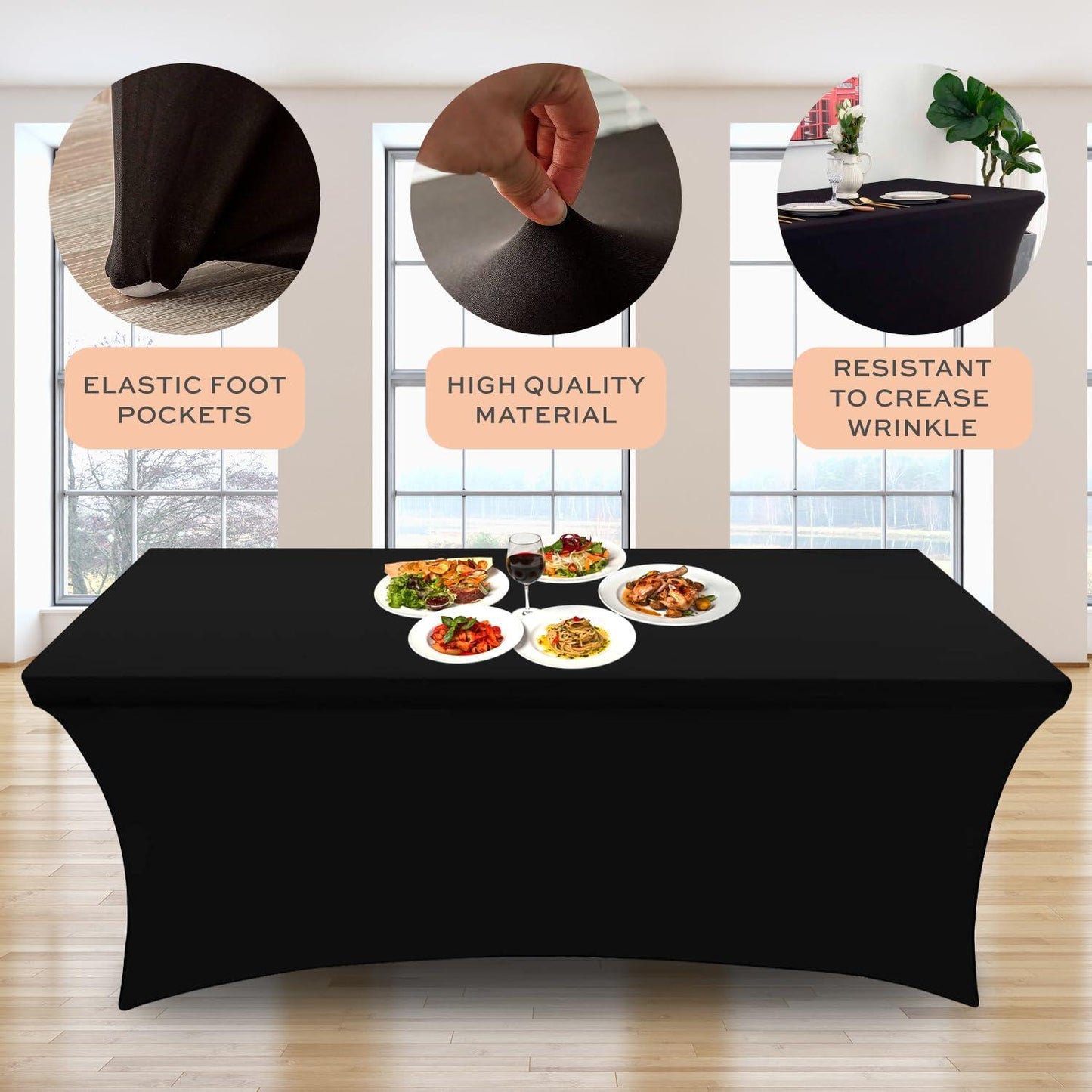 Stretch Spandex Table Covers 4FT Pack of 2 Fitted Tablecloths for Rectangle Tables Stretchy Wrinkle Resistant Folding Table Cover Black