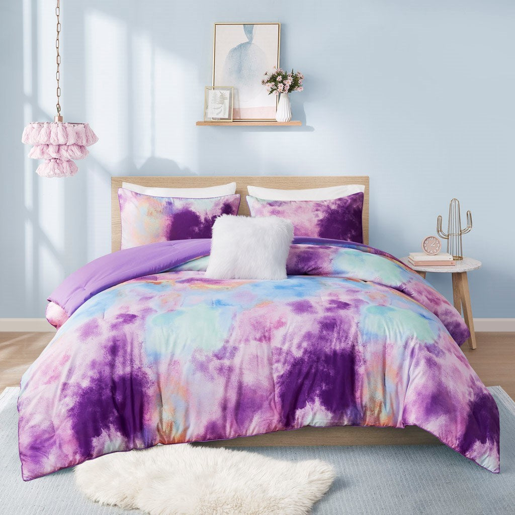 Comforter Set Watercolor Tie Dye Printed Comforter Set with Throw Pillow