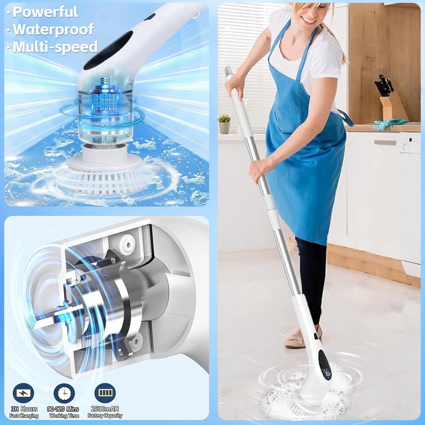 Electric Spin Scrubber, New Cordless Voice Prompt Cleaning Brush with 9 Replaceable Brush Heads, 3 Adjustable Speeds, and Adjustable Extension Long Handle