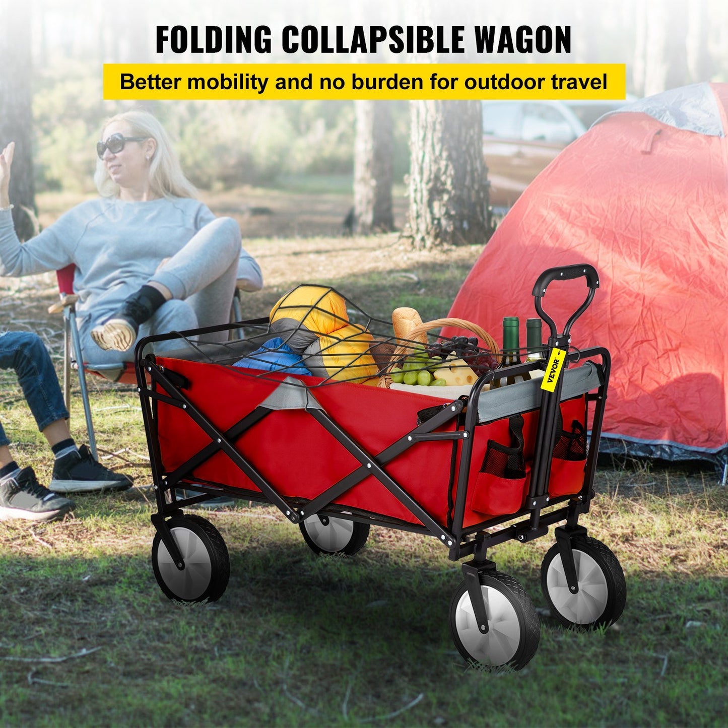 Wagon Cart, Collapsible Folding Cart with 176lbs Load, Outdoor Utility Garden Cart, Adjustable Handle, Portable Foldable Wagons with Wheels for Beach, Camping, Grocery, Red/Gray