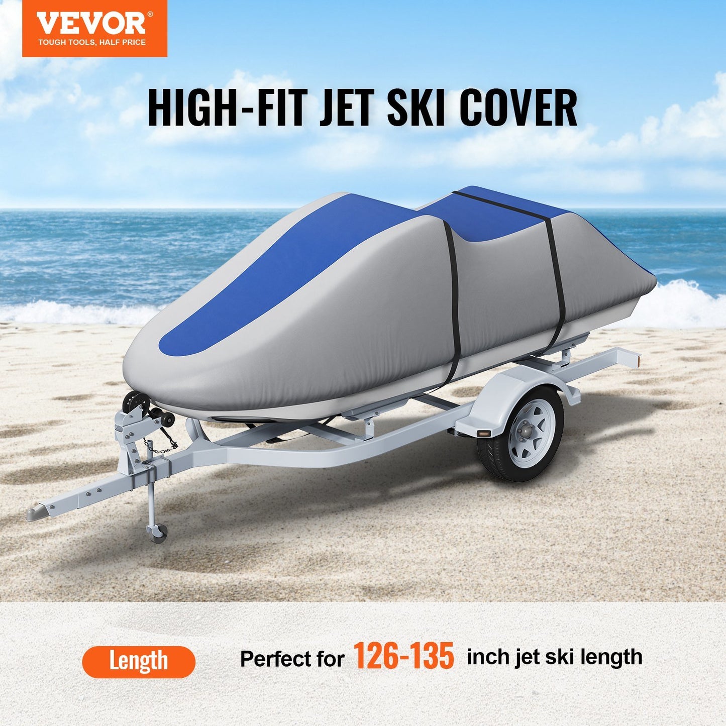 Jet Ski Cover, 126"-135" Trailerable Waterproof PWC Cover, Heavy-duty 600D Marine Grade PU Oxford Fabric, UV Resistant Seadoo Cover with Buckle Straps, Personal Watercraft Covers, Grey+Blue