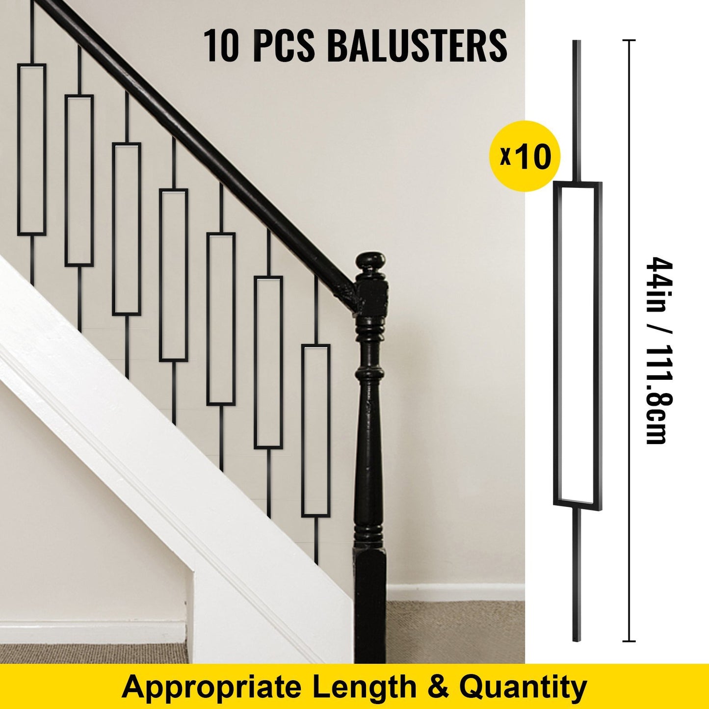 Deck Balusters, 10 Pack Metal Deck Spindles, 44"x0.5" Staircase Baluster with Screws, Iron Deck Railing for Wood and Composite Deck, Stylish Black Baluster for Outdoor Stair Deck Porch