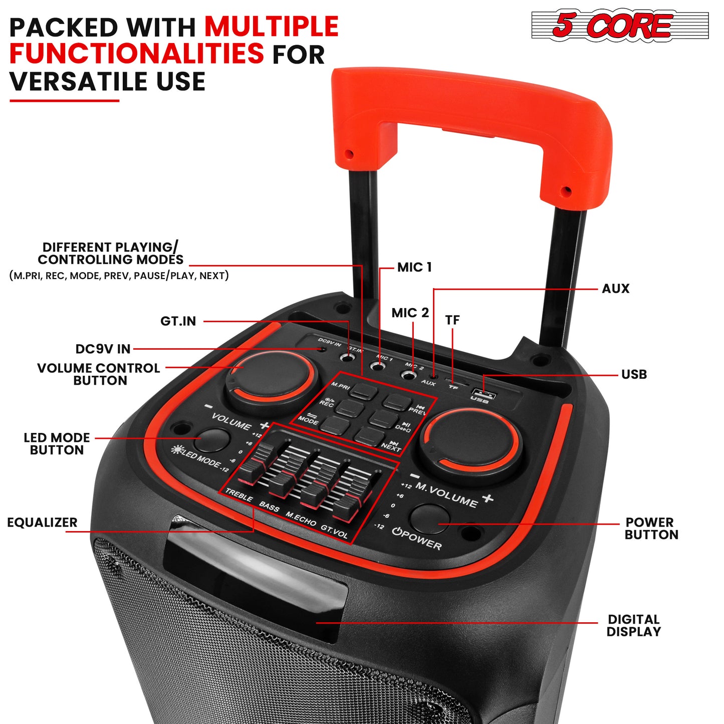 5 Core Bluetooth Speaker Karaoke Machine • 8" 3 Way Speaker • Portable Singing PA System • w DJ Light • FM + TWS + USB + SD Card + AUX + REC • Party Speakers Include Two Wireless Mics- PLB 8X2 2MIC