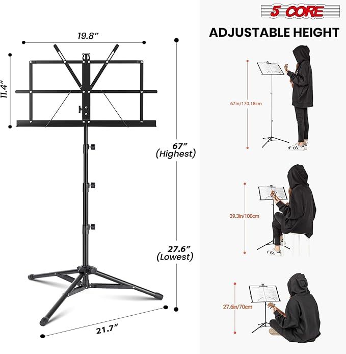 5 Core Music Stand 2 in 1 Dual Use Sheet Music Professional Portable Adjustable 27.6-67 Inch Folding Music Note Holder Tripod Stands - MUS FLD 4S BLK WLGT