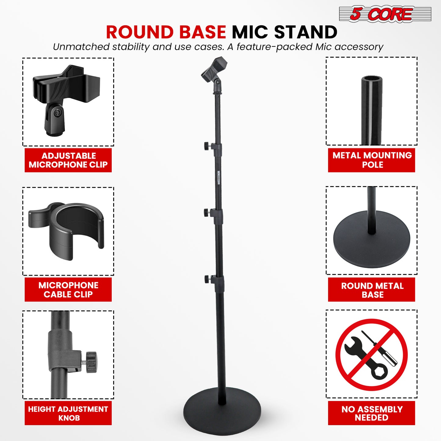 5Core Mic Stand Floor Adjustable Universal Heavy Duty Microphone Stands Round Base Soporte De micrófono - MS RBL 3T