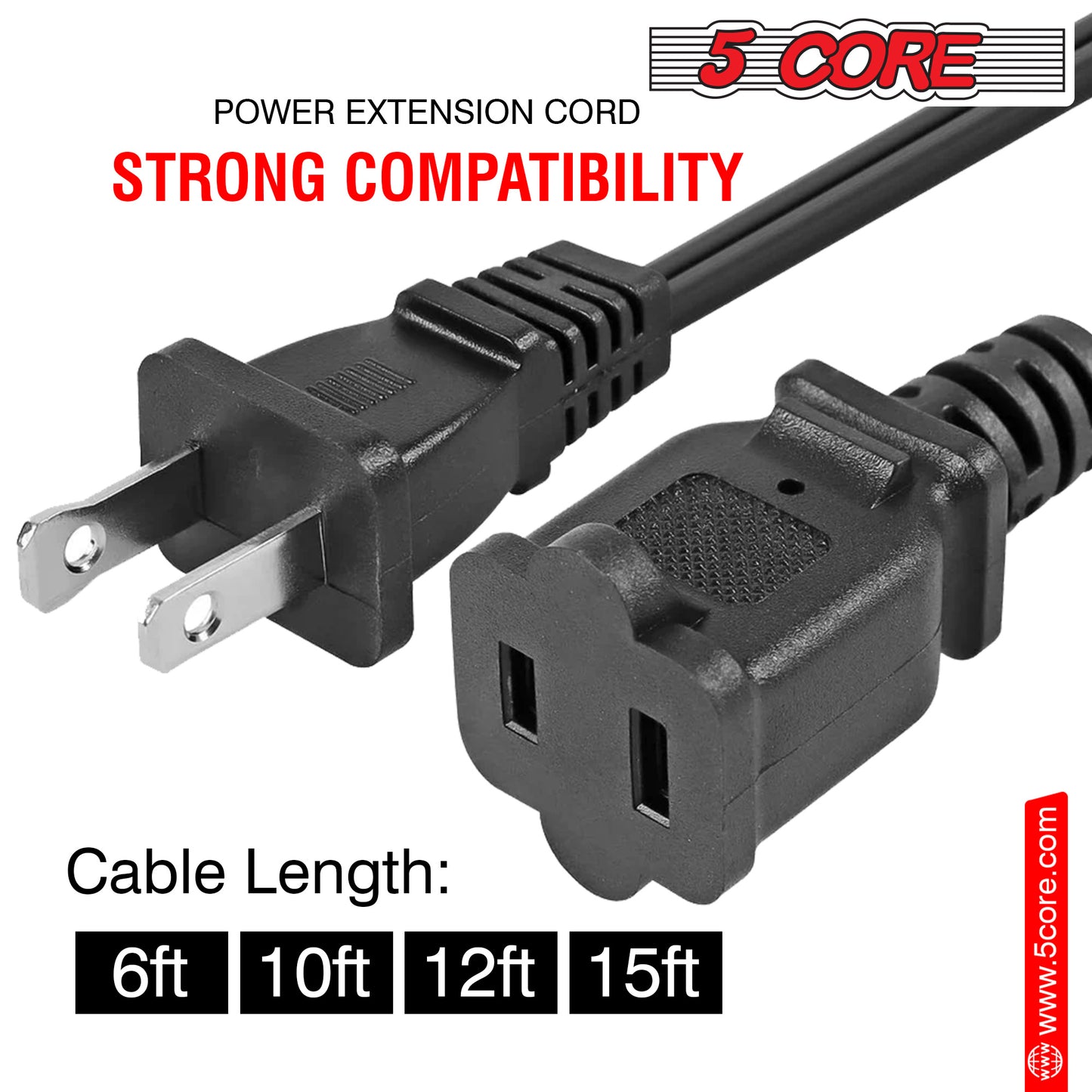 5 Core AC Power Cord 12 Ft • 2 Prong Extension Adapter • 16AWG/2C 125V 13A • US Polarized Male to Female Outlet Extension Cable Black- EXC BLK 12FT