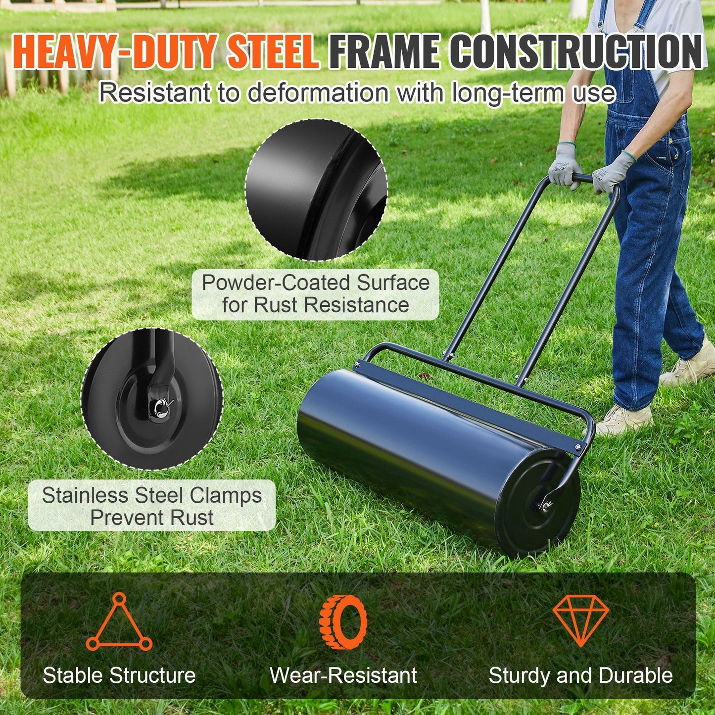 Lawn Roller, 17 Gallon Sand/Water Filled Yard Roller, Steel Sod Roller with Easy-turn Plug and U-Shaped Ergonomic Handle for Convenient Push and Pull, for Lawn, Garden, Farm, Park, Black