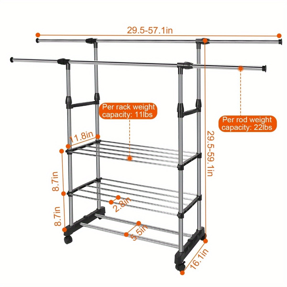 Extendable Double Rod Clothing Rack With Wheels For Hanging Clothes, Rolling Clothes Organizer On Lockable Wheels Mobile Hold