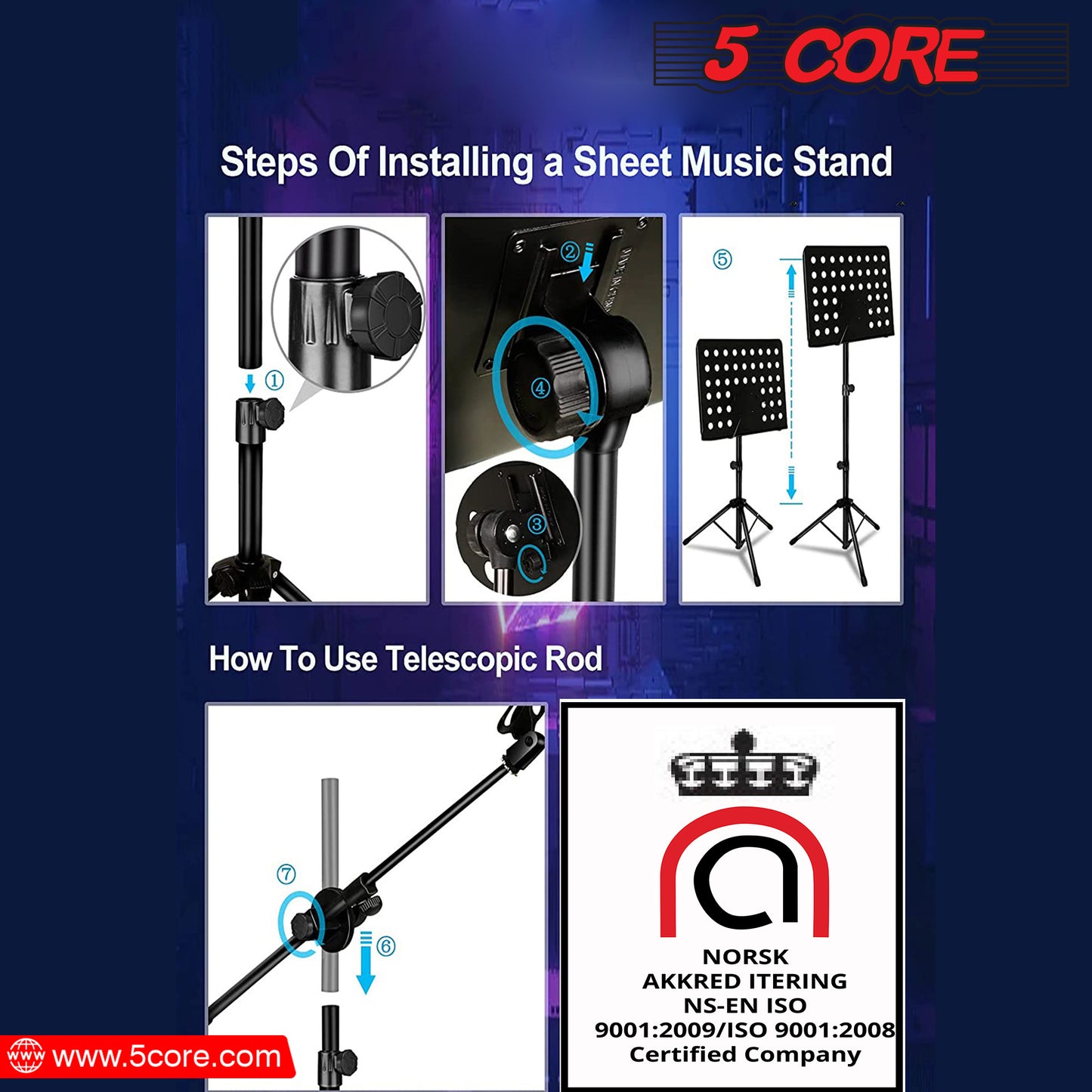 5 Core Music Stand 2-IN-1 Professional Portable Sheet Music Stand with Detachable Microphone Stand, 21.6'- 63' Adjustable Dual-Use Music Book Stand & Projector Stand, Super Sturdy Heavy Duty-MUS MH