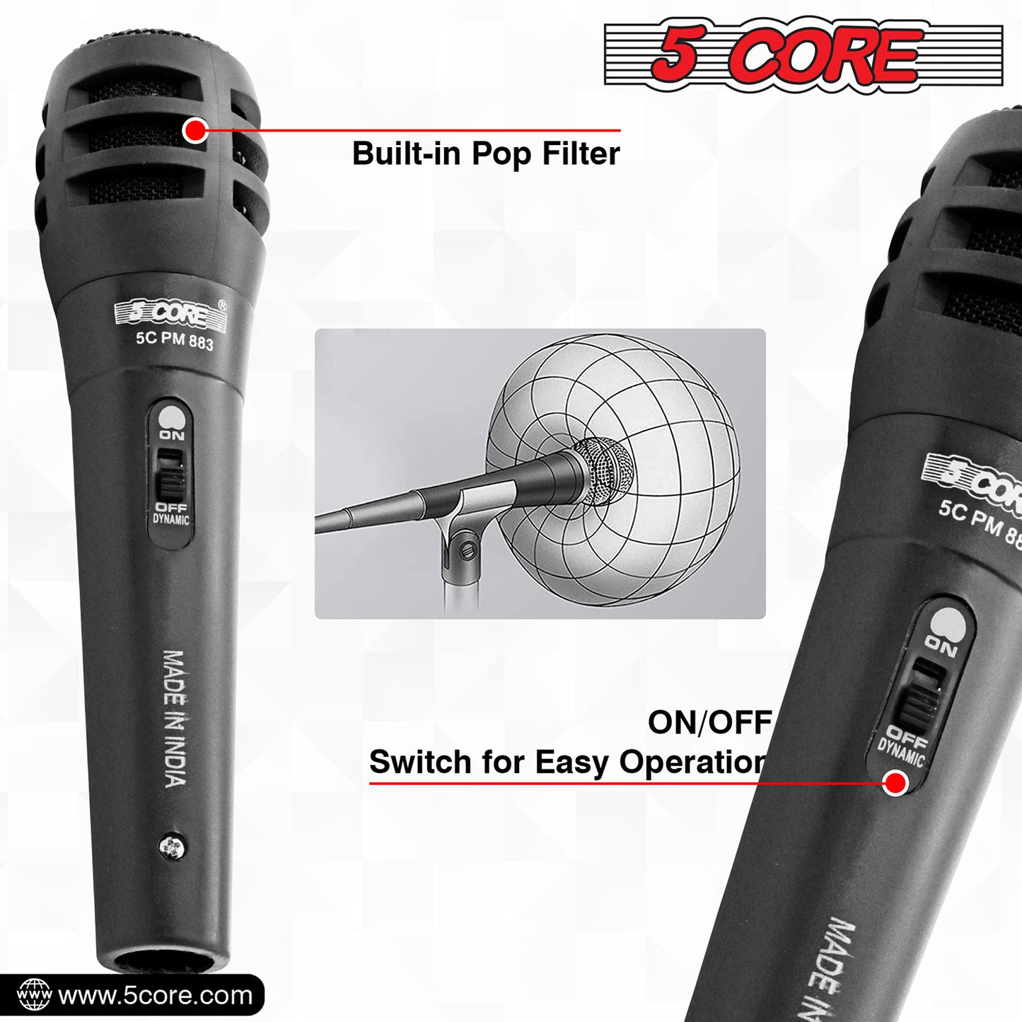 5 Core Microphone Pair XLR Dynamic Mic Karaoke Singing Handheld Microfono Wired Professional Unidirectional 1/4 Plug In Cord Connection for Vocal DJ Music - PM-883