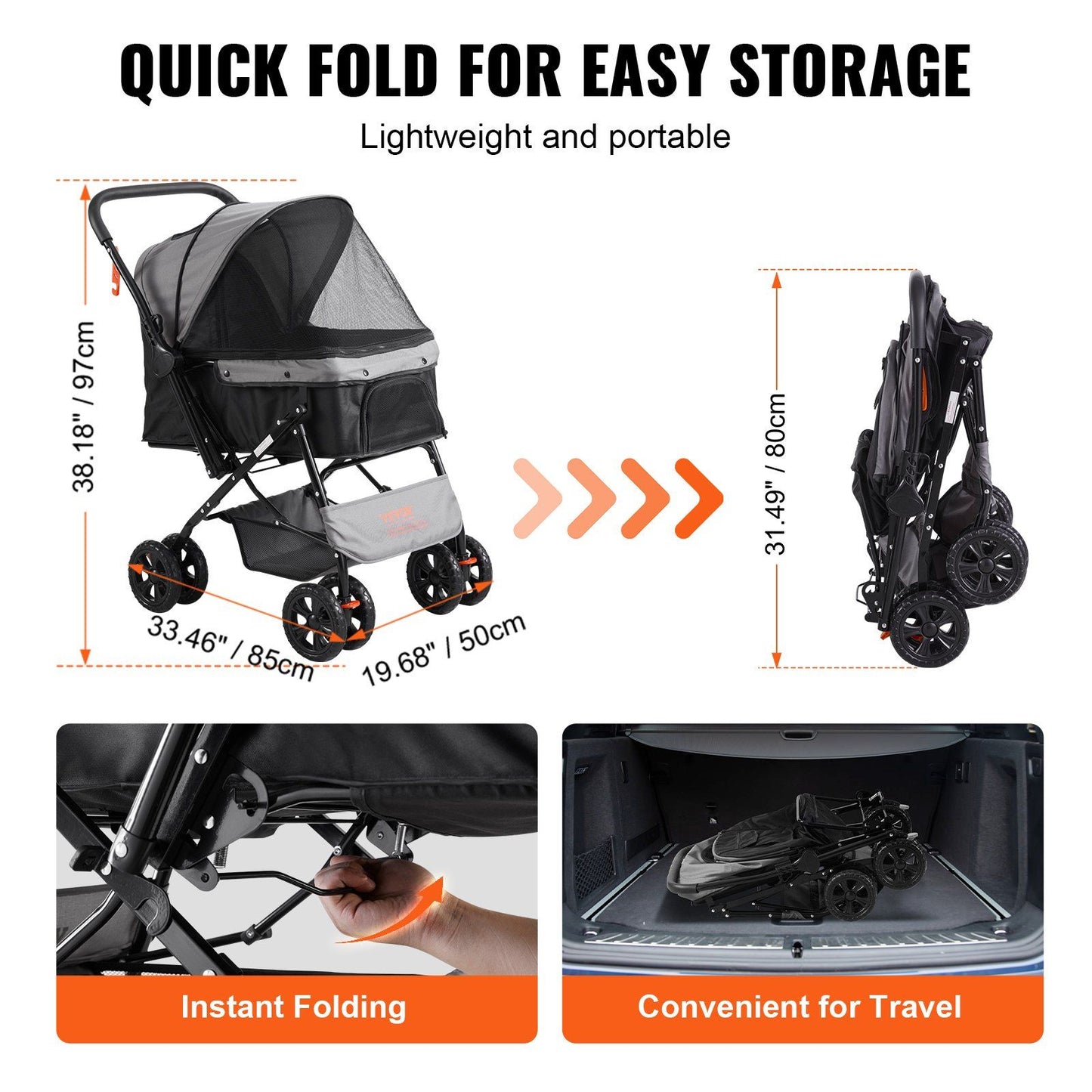 Pet Stroller, 4 Wheels Dog Stroller Rotate with Brakes, 44lbs Weight Capacity, Puppy Stroller with Reversible Handlebar, Storage Basket and Zipper, for Dogs and Cats Travel, Black+Grey