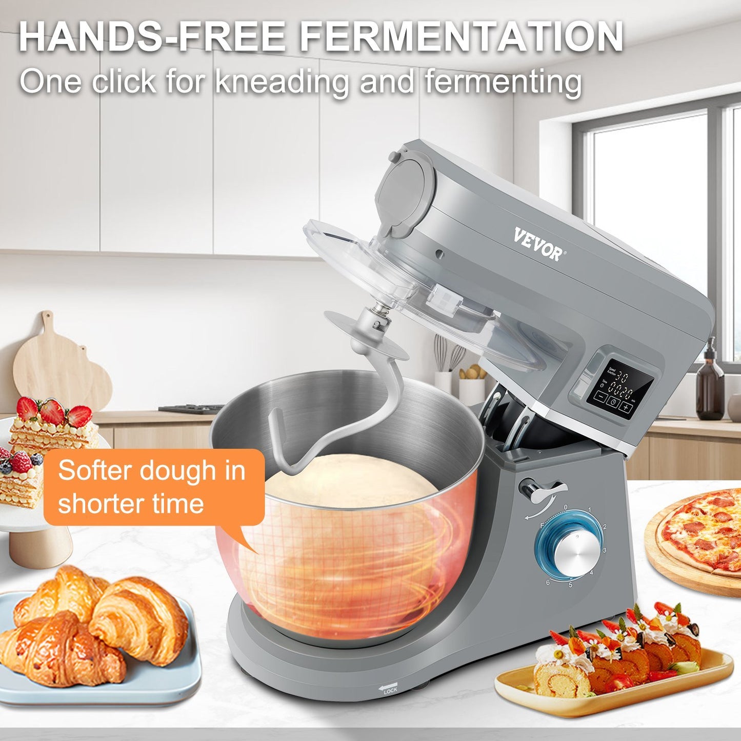 5 IN 1 Stand Mixer; 660W Tilt-Head Multifunctional Electric Mixer with 6 Speeds LCD Screen Timing; 7.4 Qt Stainless Bowl; Dough Hook