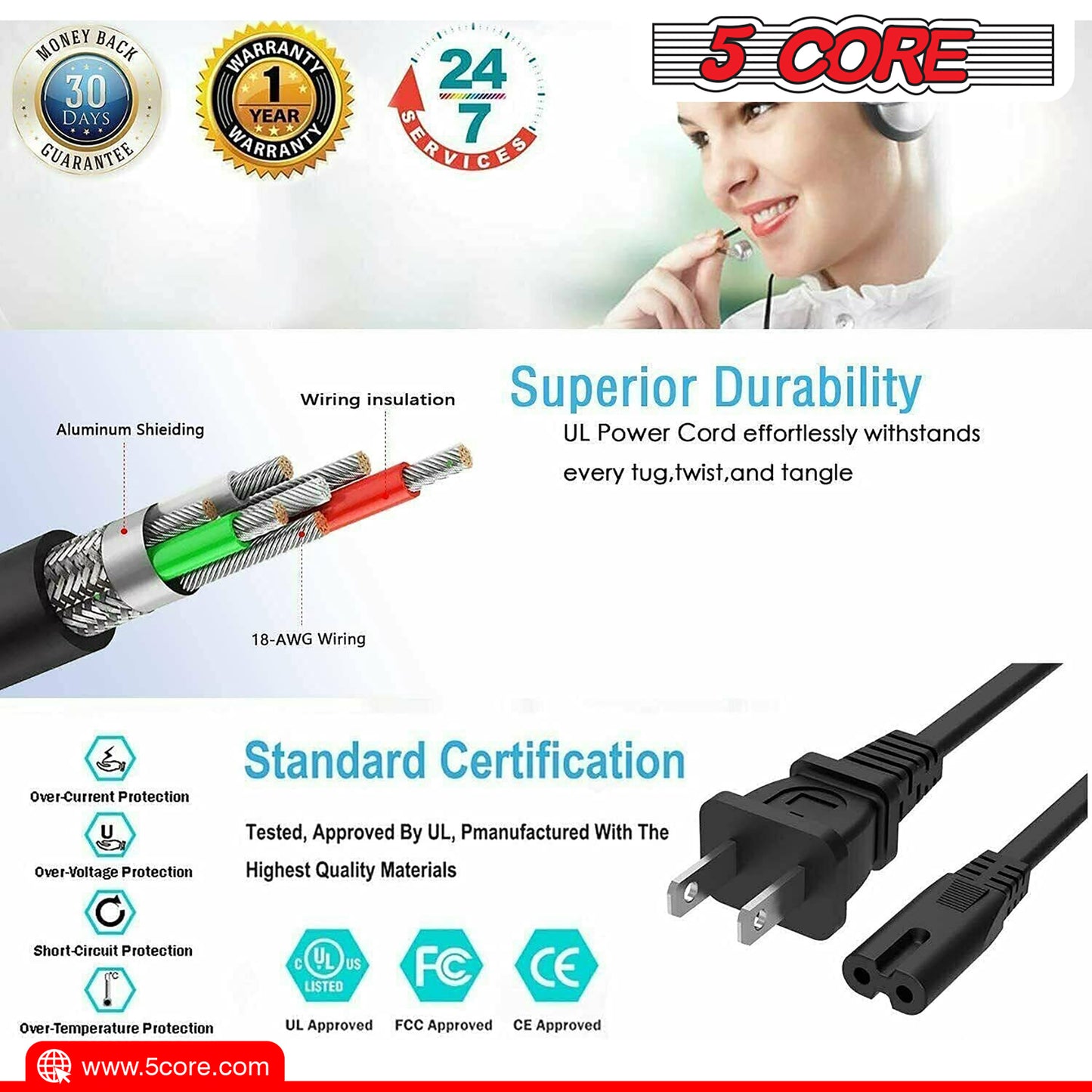 5 Core AC Power Cord 6 Ft • 2 Prong US Male to Female Extension Adapter • 16AWG/2C 125V 13A 1/2/5 Pc -  PP 1001