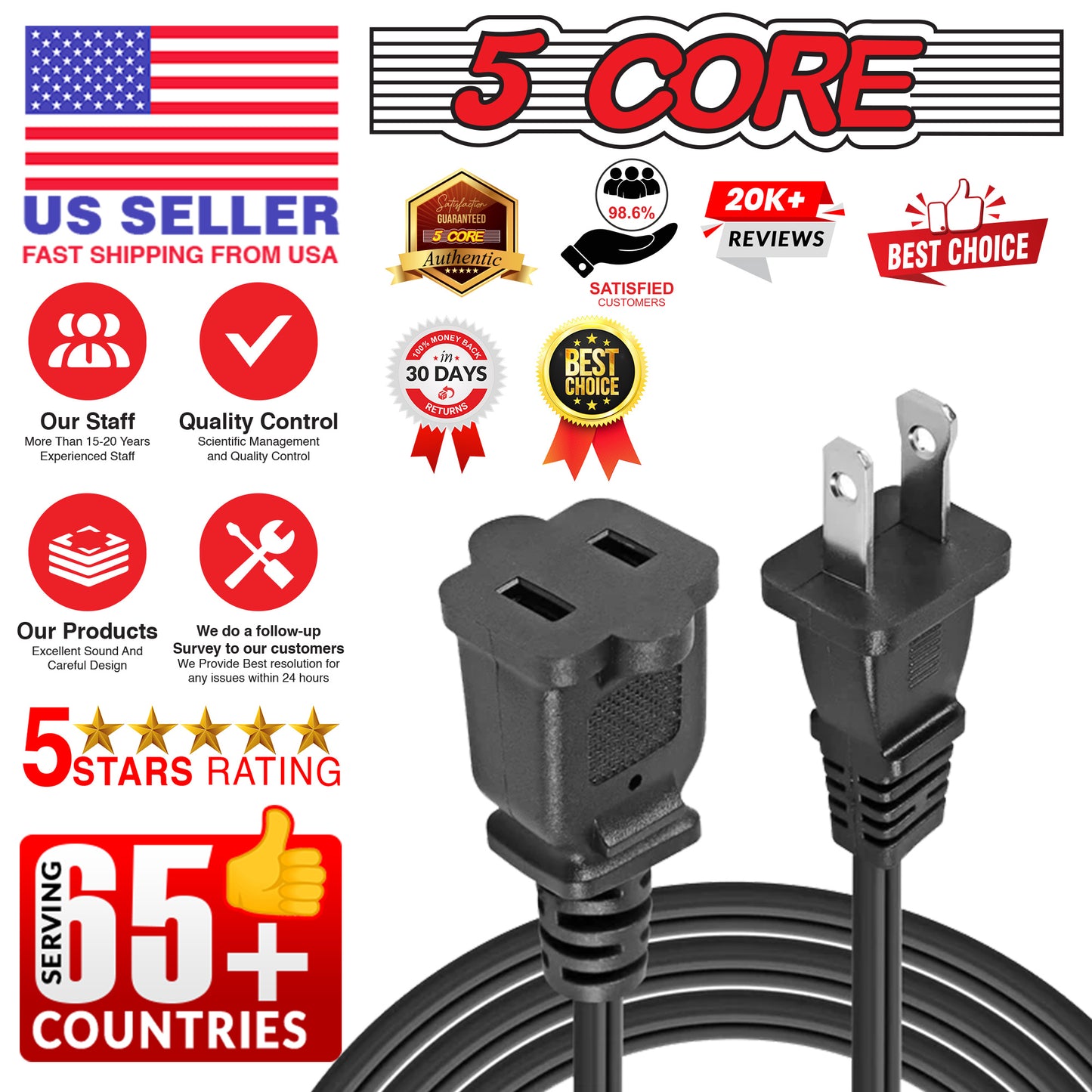 5 Core AC Power Cord 12 Ft • 2 Prong Extension Adapter • 16AWG/2C 125V 13A • US Polarized Male to Female Outlet Extension Cable Black- EXC BLK 12FT