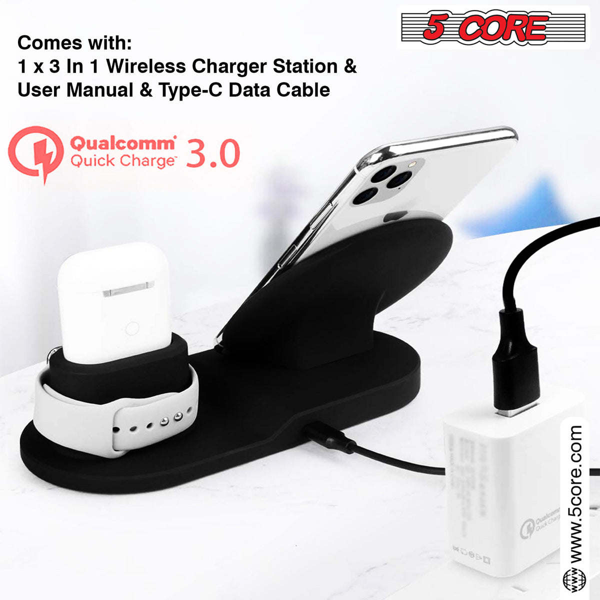 Wireless Charger 3 in 1 10W / 15W Qi Fast Charging Pad Dock Station Travel Chargers for Multiple Devices for iPhones, Android, Galaxy S- Series, Watch, Earbuds - 5 Core WCR 3