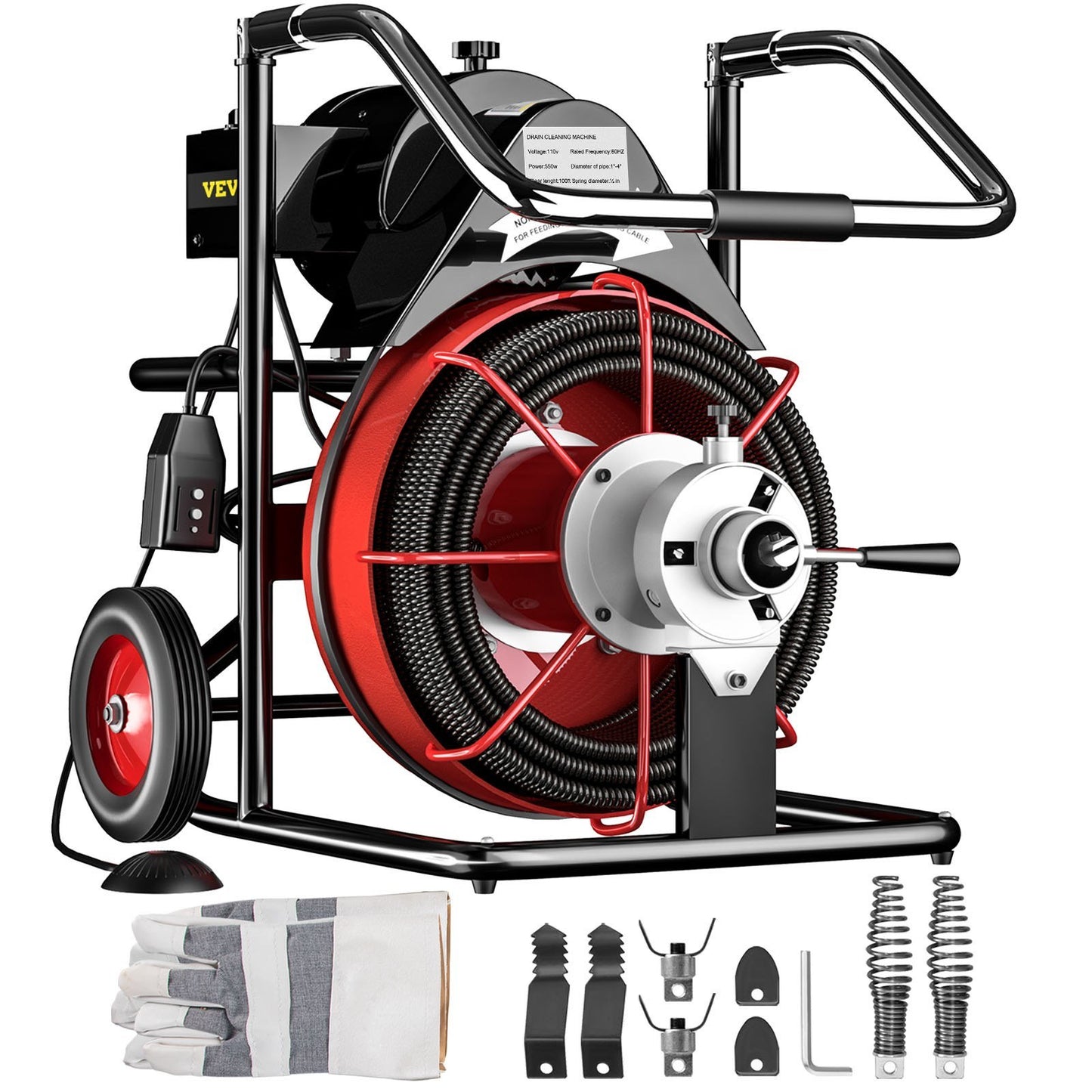 100 Ft x 1/2Inch Drain Cleaner Machine fit 2 Inch (50mm) to 4 Inch(100mm) Pipes 550W Open Drain Cleaning Machine 1700 r/min Electric Drain Auger with Cutters Glove Drain Auger Sewer Snake