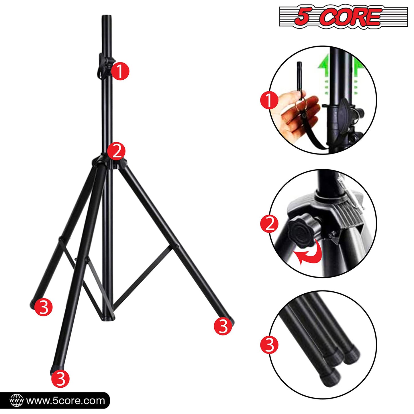 5 Core Speaker Stand Tripod Floor Heavy Duty Adjustable Up to 72 Inch DJ Studio Monitor Stands Pole Mount- SS HD 1PK BLK WOB